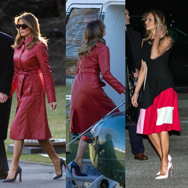 В стиле 70-х: Мелания Трамп в красном кожаном пальто и модных очках отправилась в Палм-Бич. ФОТО