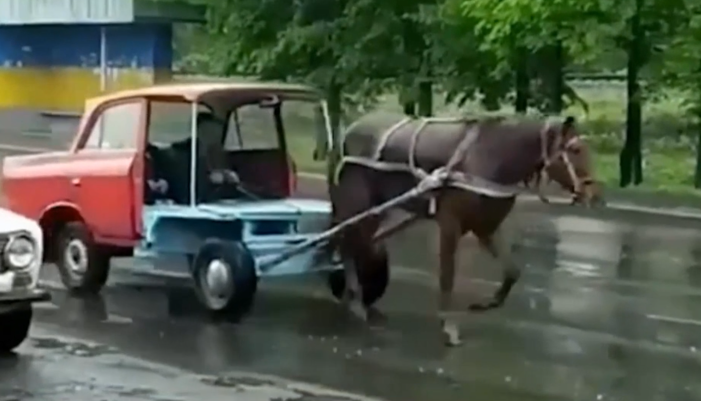 Лошадь тянет половину «Москвича» по улицам города. Видео