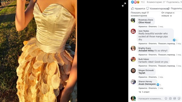 Школьница из Австралии сшила пятикилограммовое платье из манго. ФОТО