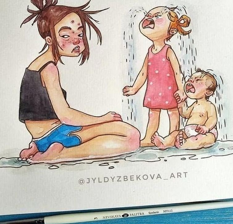 Художница рисует повседневную жизнь с детьми. ФОТО