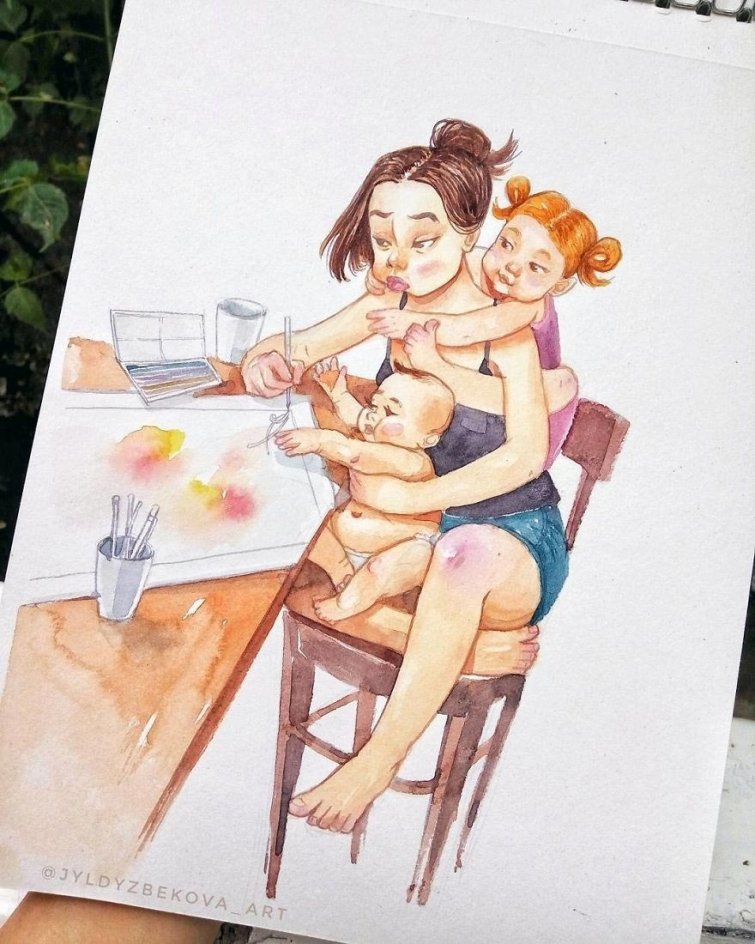 Художница рисует повседневную жизнь с детьми. ФОТО