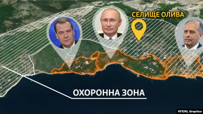 Охранная зона вокруг дач Путина и Медведева в Крыму. К ней попадает санаторий ФСБ и поселок Олива