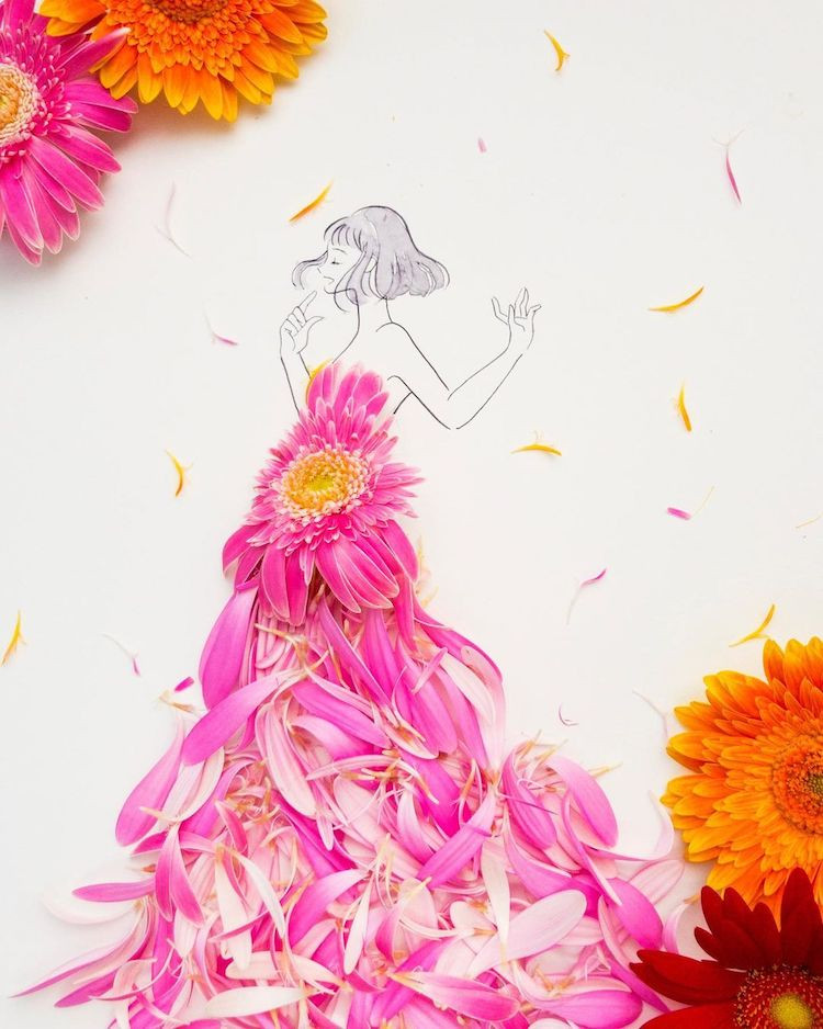 Изящные модные иллюстрации из цветочных лепестков и листьев